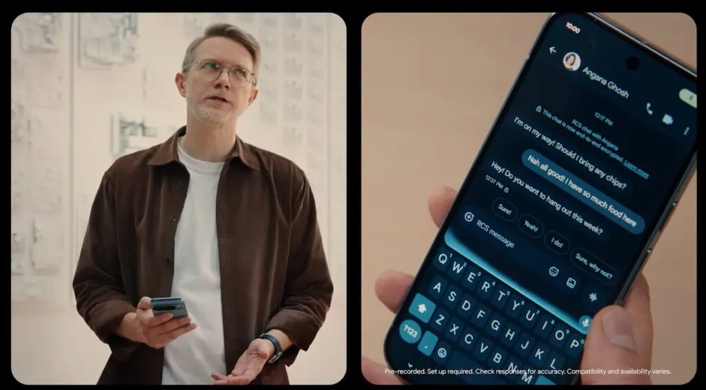 Android show 2026: veja tudo que o google lançou! Homem usando smartphone e tela mostrando o gemini ajudando a redigir mensagem de texto em conversa sobre encontro e comida