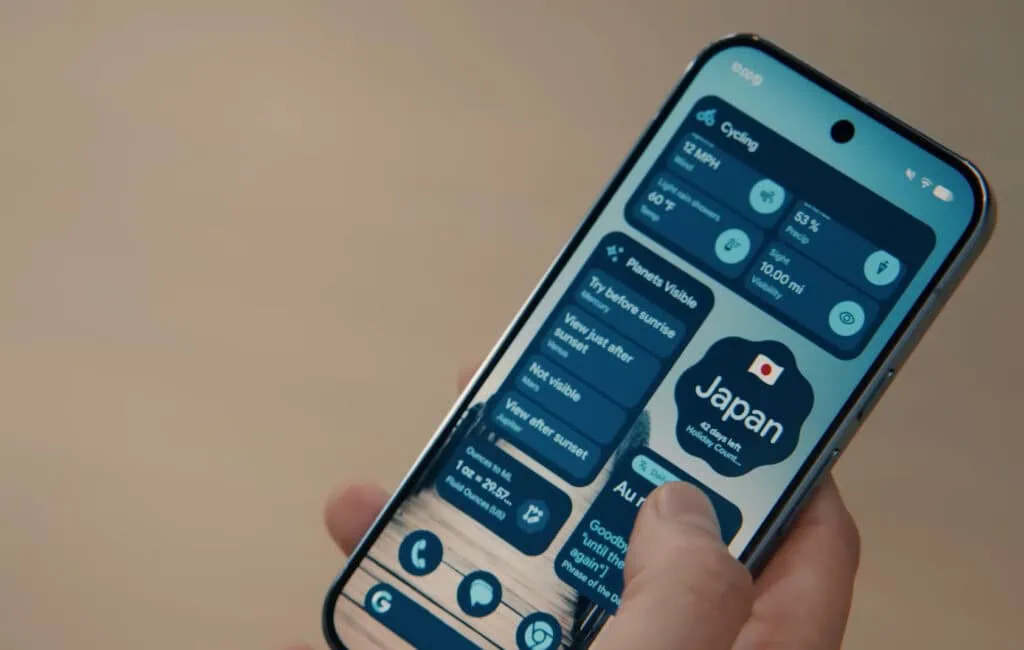 Android show 2026: veja tudo que o google lançou! Mão segurando smartphone exibindo a função 'create my widget' com widgets personalizados de ciclismo, astronomia e viagem para o japão na tela inicial