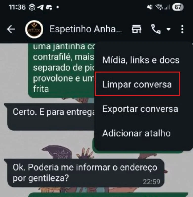 Saiba como liberar espaço no whatsapp Tela de conversa no whatsapp com o menu de três pontos aberto no canto superior direito, destacando em um retângulo vermelho a opção 'limpar conversa', usada para apagar todo o histórico de mensagens e mídias de um chat específico.