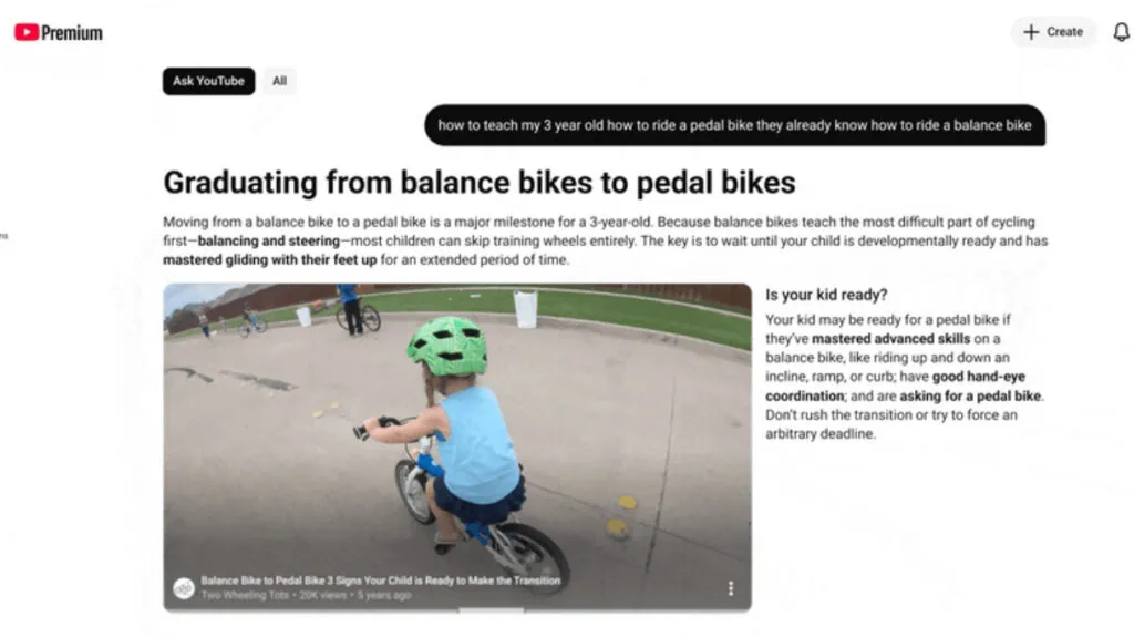 "pergunte ao youtube" levará busca com ia conversacional aos vídeos Tela do pergunte ao youtube com resposta gerada por ia sobre como ensinar uma criança a andar de bicicleta
