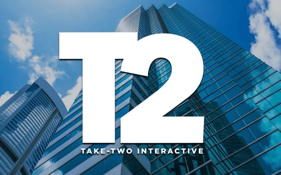 Take-Two promete un "precio justo" para GTA 6 y abre la posibilidad de un nuevo L.A. Noire. Logotipo blanco de t2 take-two interactive sobre un fondo de rascacielos corporativos con fachadas de cristal azul.
