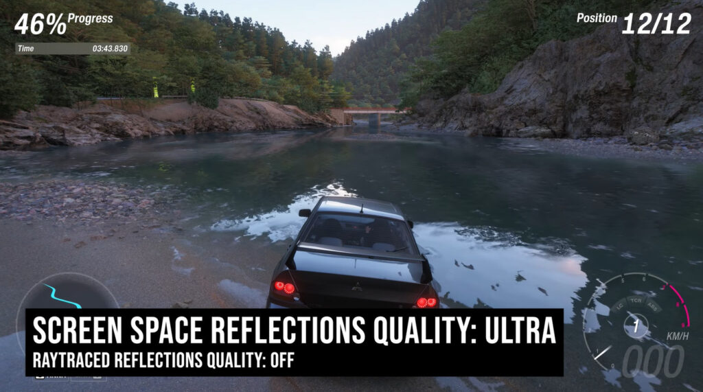 Cena de corrida noturna em ambiente urbano no forza horizon 6 no pc, com sobreposição técnica indicando "raytraced gi quality: high" e "screen space gi quality: off", demonstrando o impacto visual da iluminação global para definição de configurações otimizadas e análise de benchmark gráfico
