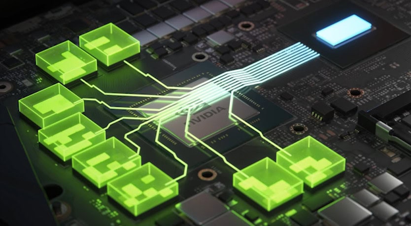 Ilustração da nvidia mostrando os chips de memória vram em uma placa de vídeo, recurso crítico para o forza horizon 6 pc em gpus de 8 gb. O gerenciamento adequado da vram é essencial para aplicar as configurações otimizadas e evitar quedas de desempenho no benchmark do jogo.