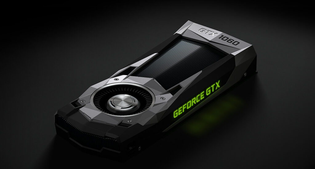 Placa de vídeo nvidia geforce gtx 1060 com design de referência em fundo preto, modelo baseado na arquitetura pascal que não é compatível com forza horizon 6 segundo os requisitos oficiais do jogo