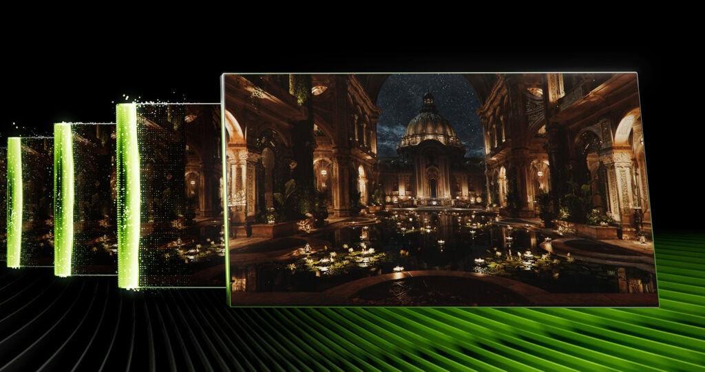 Representação gráfica da tecnologia de frame generation da nvidia para forza horizon 6 pc, exibindo quadros intermediários gerados por ia (em verde) que preenchem a sequência visual para aumentar a fluidez, recurso chave nas configurações otimizadas para alto desempenho