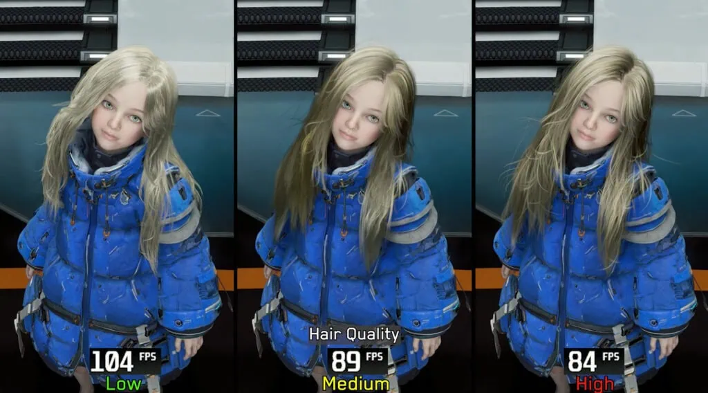 Pragmata no pc: seu hardware aguenta? Veja benchmarks e configurações otimizadas Comparativo visual da opção hair quality em pragmata no pc. Três painéis apresentam o mesmo personagem feminino de cabelos loiros longos e jaqueta azul acolchoada contra um fundo de painéis industriais cinzas. O lado esquerdo mostra o nível low com 104 fps e fios com geometria mais simples. O centro exibe o nível medium com 89 fps e maior volume e definição nos fios. O lado direito traz o nível high com 84 fps e simulação física completa com movimento natural. A diferença visual foca exclusivamente na densidade e no comportamento do cabelo.