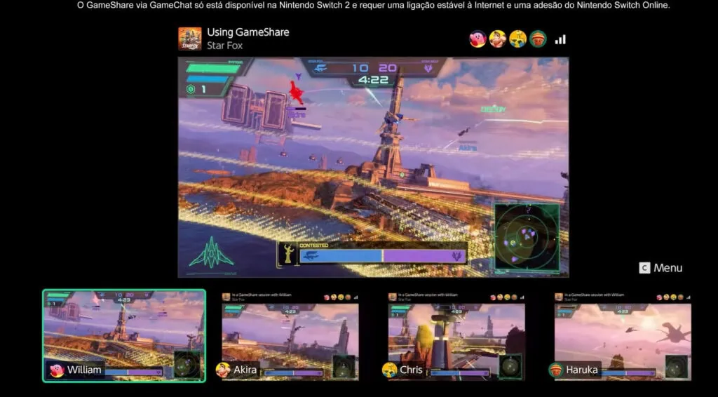 Nintendo anuncia star fox para switch 2 com remake do clássico n64 Tela demonstrando funcionalidade gameshare do star fox para nintendo switch 2. Imagem principal mostra partida multiplayer 4vs4 com placar 10 a 20 e cronômetro marcando 4:22, com área marcada como 'contested'. Abaixo, quatro telas menores exibem perspectivas individuais dos jogadores william, akira, chris e haruka, cada um com avatar de personagem diferente (kirby, donkey kong, yoshi e outro), mostrando como cada participante vê o mesmo campo de batalha aéreo simultaneamente através do gamechat.