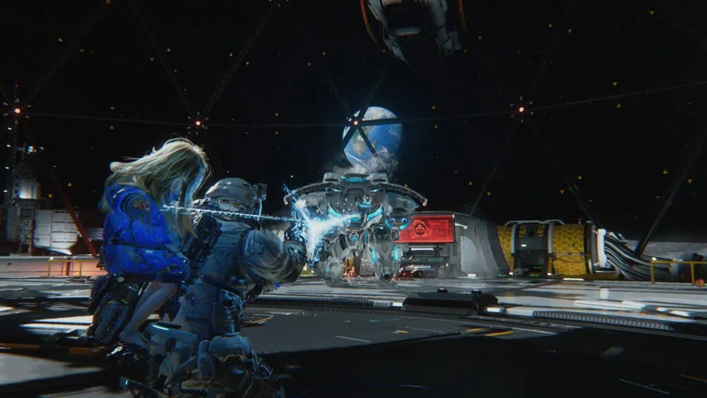 Pragmata no pc: seu hardware aguenta? Veja benchmarks e configurações otimizadas Cena de pragmata em estação espacial com cúpula geodésica mostrando dois personagens - um de traje azul e outro de equipamento espacial - próximos a um veículo futurista, com a terra visível ao fundo através da estrutura transparente e estrelas no céu escuro do espaço.