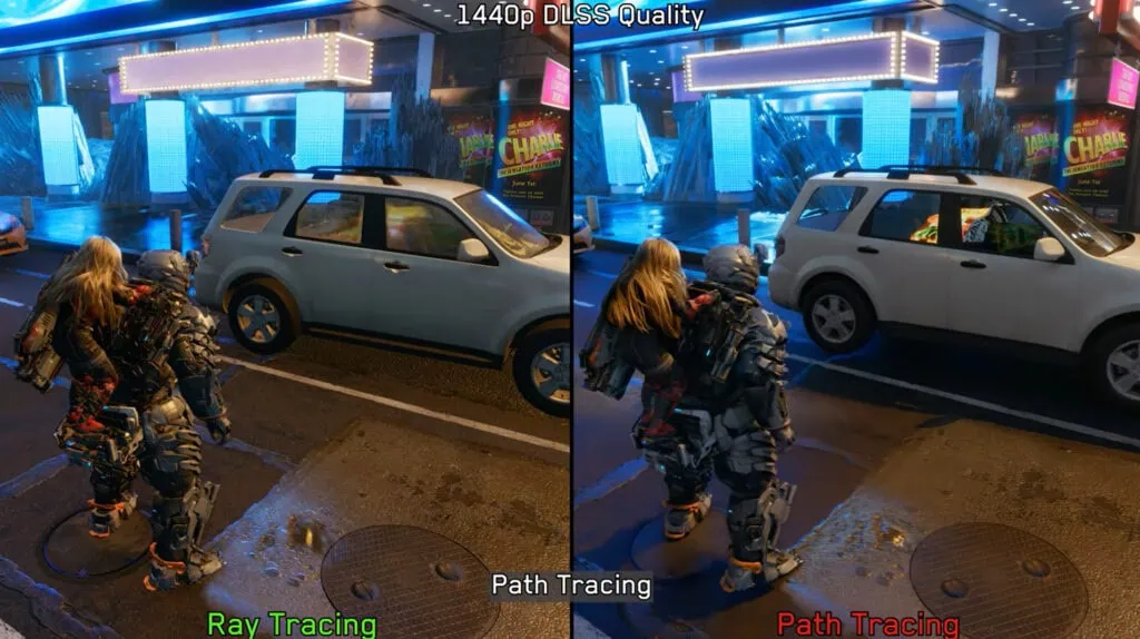 Pragmata no pc: seu hardware aguenta? Veja benchmarks e configurações otimizadas Comparação lado a lado de pragmata em 1440p com dlss quality: à esquerda ray tracing e à direita path tracing. Cena noturna urbana com personagens próximos a um carro prateado e reflexos realistas na chuva, demonstrando a evolução da iluminação global e detalhes visuais superiores.