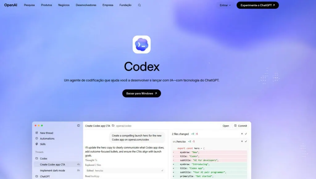 Codex, da openai, pode responder e-mails por você. Veja como Página oficial do codex no site da openai, mostrando o logo, descrição do agente de ia e botão "baixar para windows", com captura de tela da interface editando código no rodapé