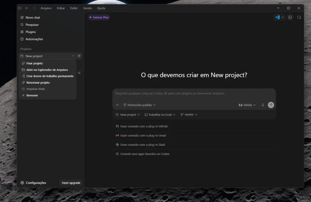 Codex, da openai, pode responder e-mails por você. Veja como Interface do codex em modo escuro exibindo menu de contexto do projeto "new project" e sugestões para conectar plugins de gmail, slack e github.