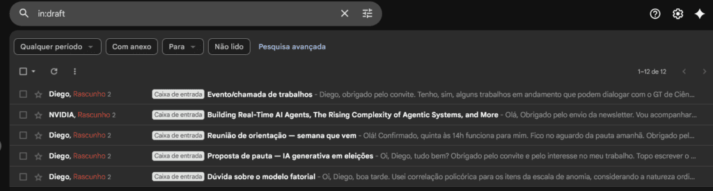 Codex, da openai, pode responder e-mails por você. Veja como Interface do gmail em modo escuro mostrando a pasta "rascunhos" com busca "in:draft" e lista de e-mails gerados automaticamente pelo codex, incluindo mensagens de diego e nvidia sobre eventos e reuniões