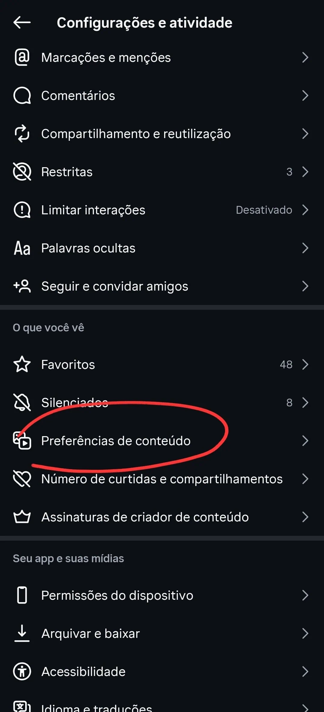 Como desativar o instants do instagram e evitar envios acidentais Tela de configurações e atividade do instagram no android com preferências de conteúdo destacada