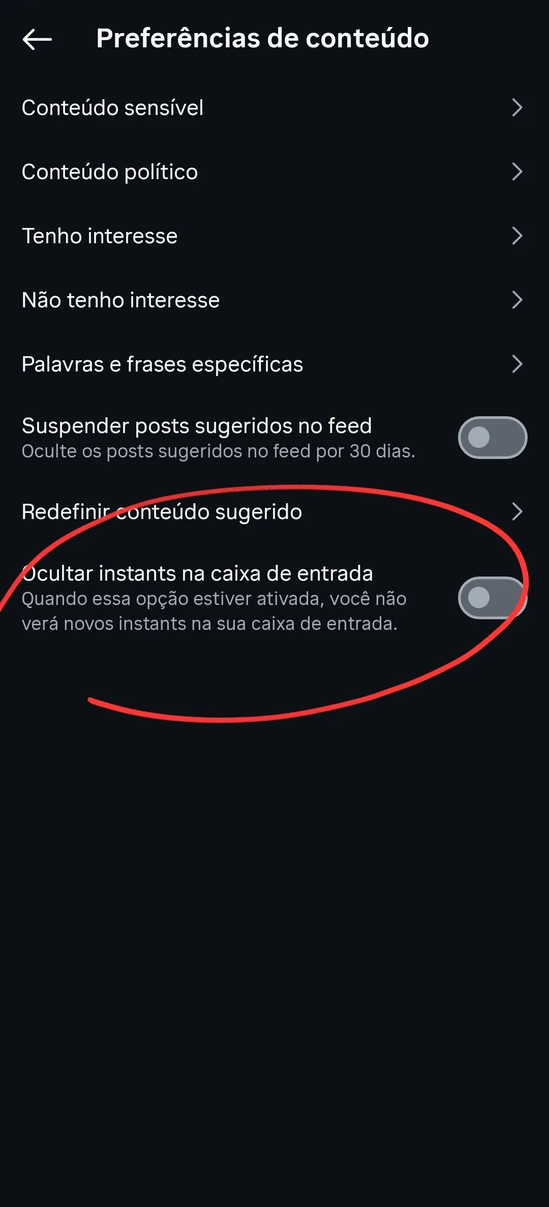 Como desativar o instants do instagram e evitar envios acidentais Tela de preferências de conteúdo do instagram no android com opção ocultar instants na caixa de entrada destacada