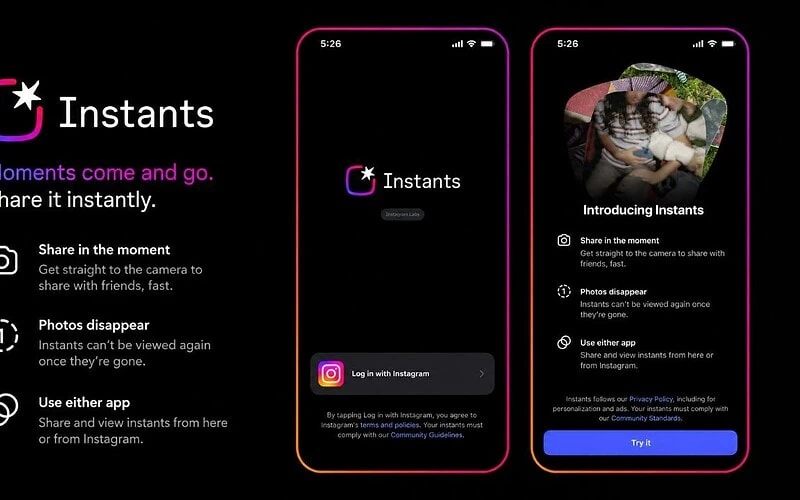 Telas do app instants mostram logo, login pelo instagram e recursos de fotos temporárias