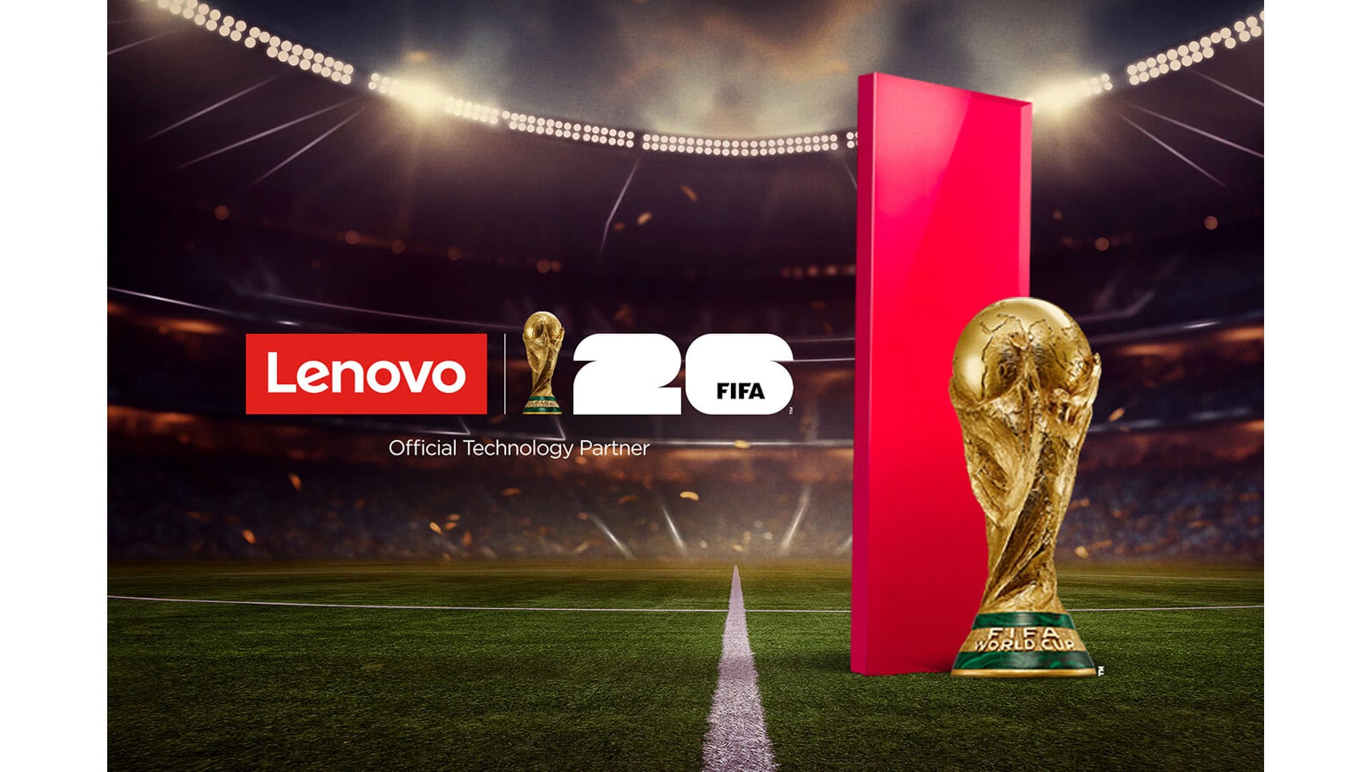 Yoga slim 7 ultra aura edition chega ao brasil em edição fifa world cup 26 Troféu da fifa world cup 26 ao lado dos logotipos da lenovo e da copa do mundo da fifa