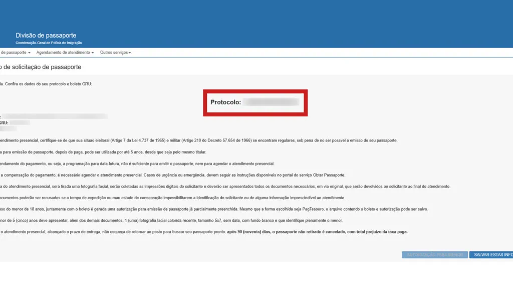 Veja como fazer ou atualizar o rg, cin, cpf, cnh, e-título e outros documentos online Página do formulário de passaporte confirmando a solicitação de passaporte