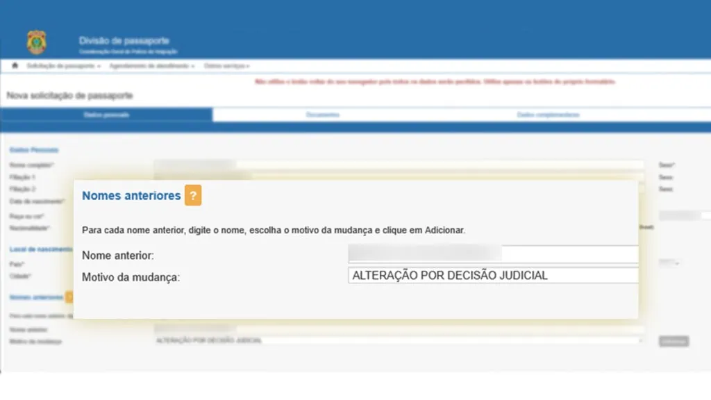 Veja como fazer ou atualizar o rg, cin, cpf, cnh, e-título e outros documentos online Zoom de uma pergunta feita no formulário de passaporte perguntando o nome antigo de quem está assinando e questionando o motivo da alteração