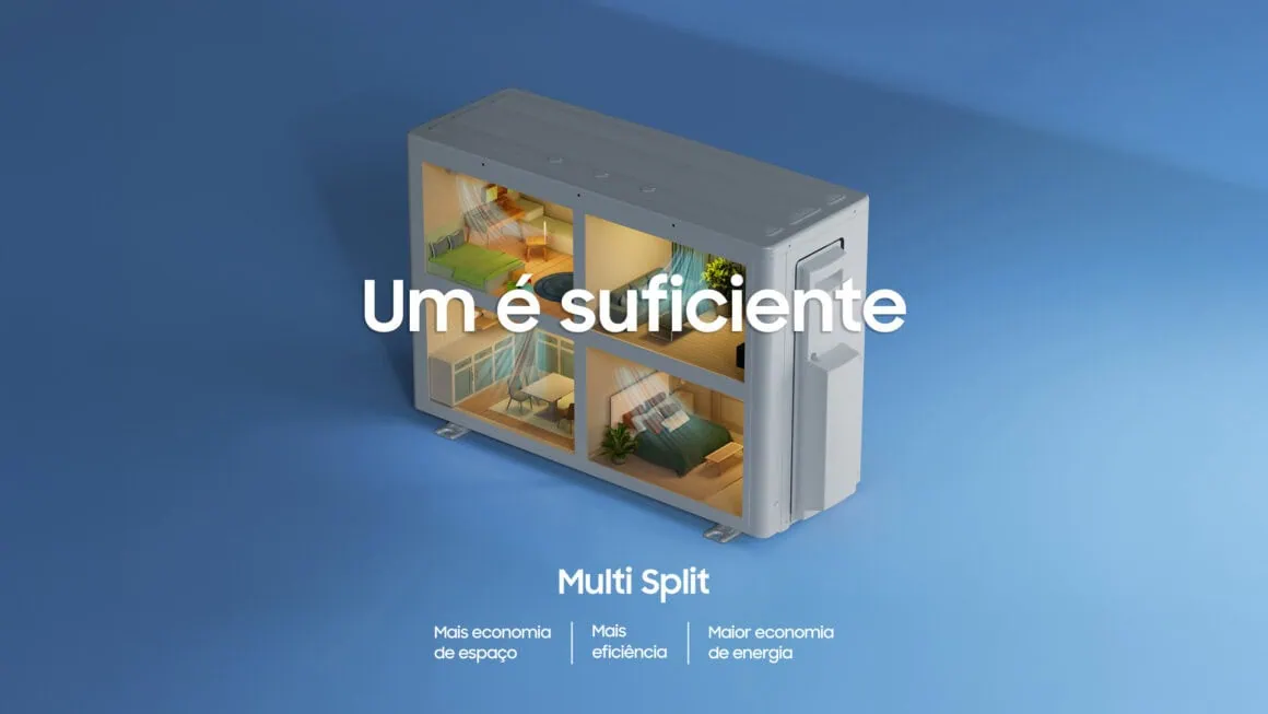 Ilustração oficial do multi split samsung windfree mostrando uma condensadora atendendo diferentes cômodos