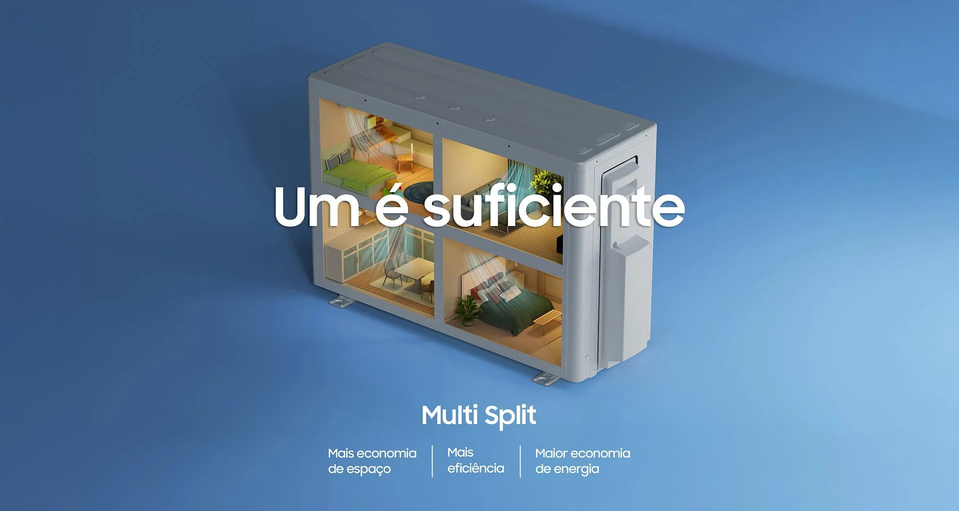 Ilustração oficial do multi split samsung windfree mostrando uma condensadora atendendo diferentes cômodos