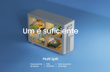 Ilustração oficial do multi split samsung windfree mostrando uma condensadora atendendo diferentes cômodos