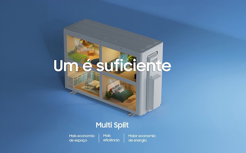 Ilustração oficial do multi split samsung windfree mostrando uma condensadora atendendo diferentes cômodos
