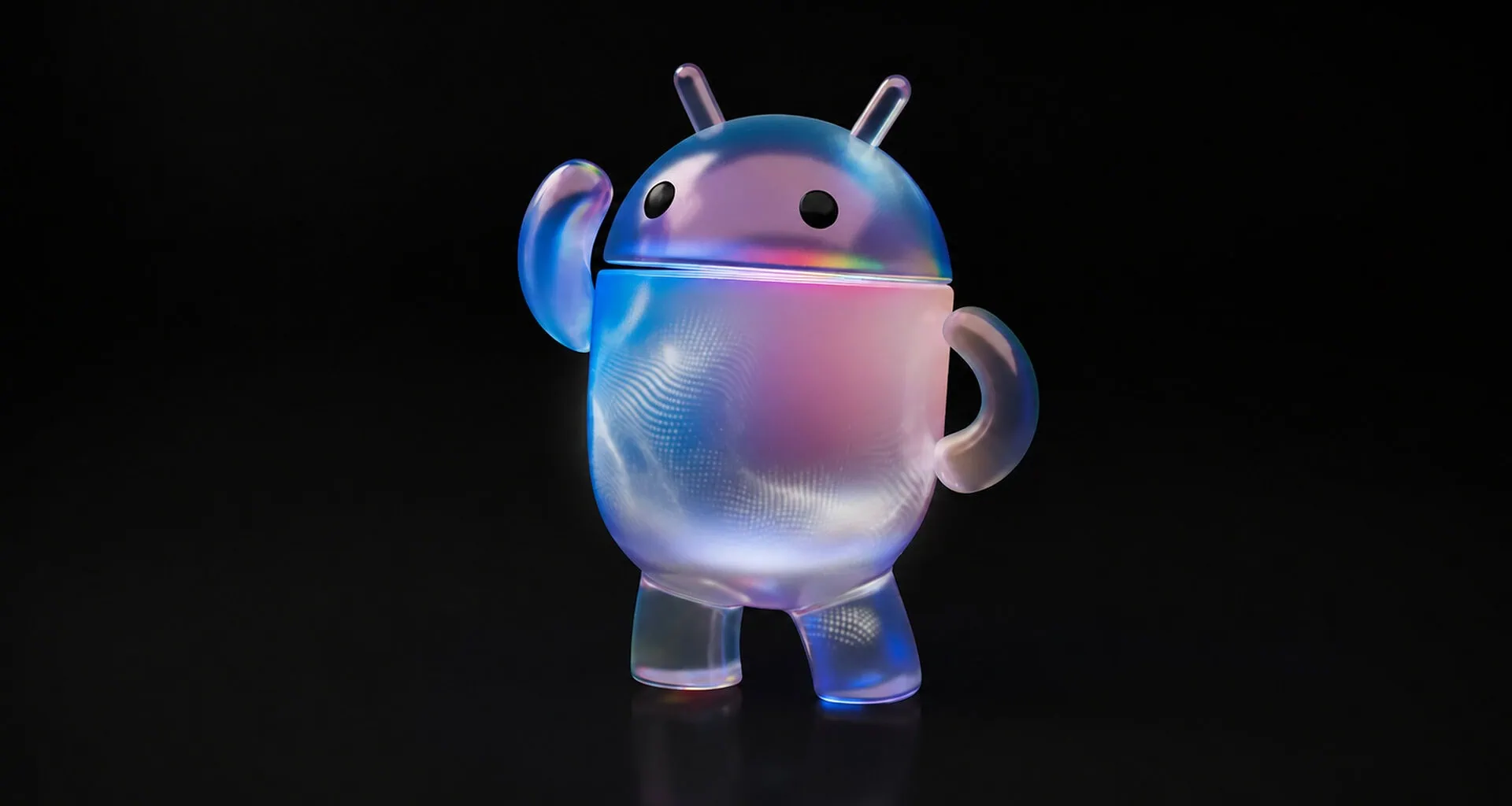 Mascote do android em renderização 3d com acabamento translúcido e iridescente em tons de azul e rosa sobre fundo preto.