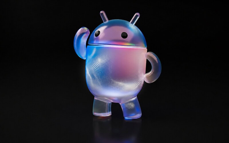 Mascote do android em renderização 3d com acabamento translúcido e iridescente em tons de azul e rosa sobre fundo preto.