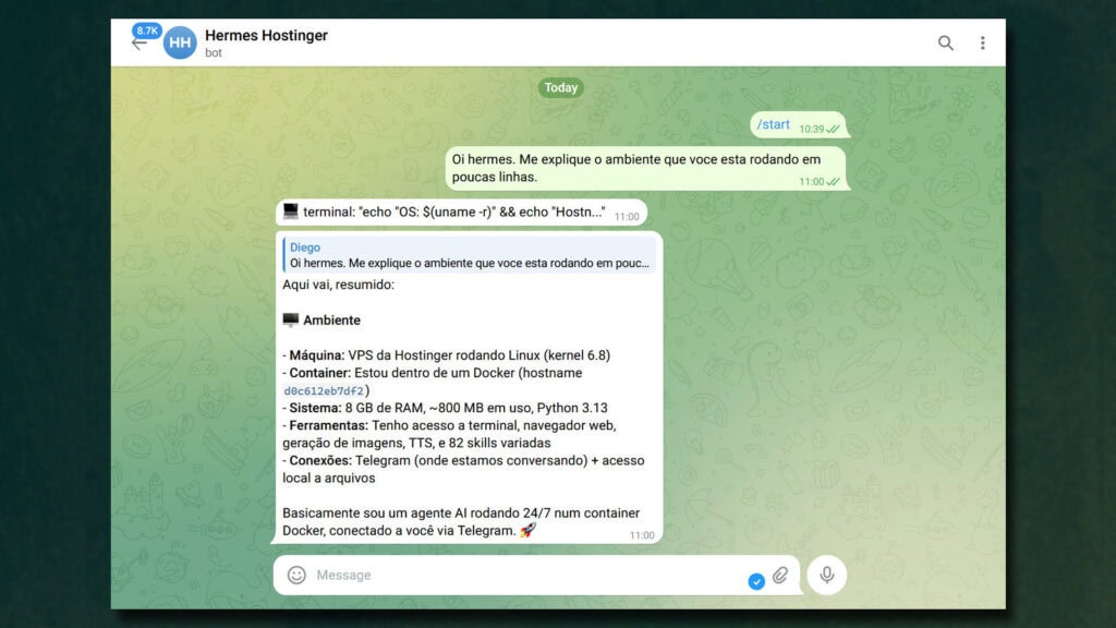 Conversa no telegram com o bot hermes hostinger mostrando a resposta do agente sobre o ambiente de execução. O hermes agent hostinger detalha que roda em vps hostinger com linux, container docker, 8 gb de ram, python 3. 13 e 82 skills disponíveis, confirmando o sucesso da hermes agent instalação.