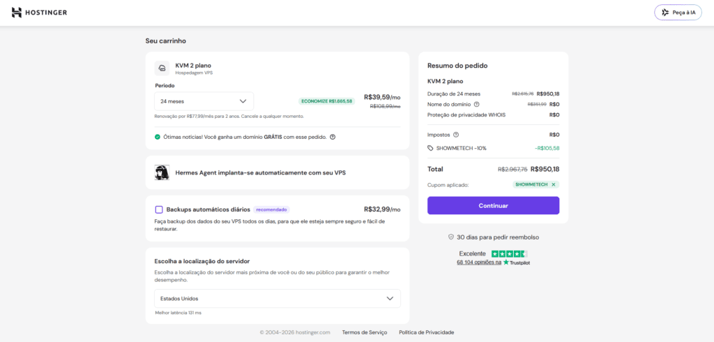Carrinho de compras da hostinger mostrando configuração do plano kvm 2 para hermes agent instalação. Período de 24 meses por r$39,59/mês, total r$950,18 com cupom showmetech -10%. Inclui hermes agent implant-se automaticamente, domínio grátis e opção de localização do servidor estados unidos.