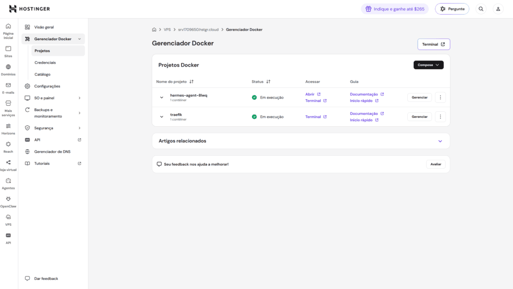Painel gerenciador docker da hostinger mostrando projetos em execução para hermes agent instalação. Lista exibe hermes-agent-8luq e traefik, ambos com status "em execução". Opções de terminal, documentação e gerenciar disponíveis. Menu lateral com visão geral, gerenciador docker, domínios e outras configurações do vps.