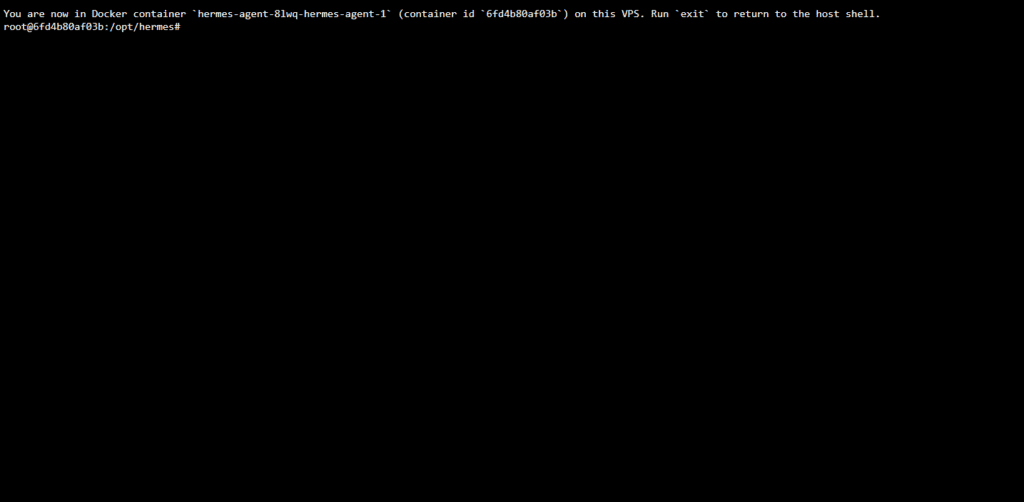 Tutorial hermes agent (guia completo): seu primeiro agente de ia em 20 minutos Terminal docker mostrando acesso ao container do hermes agent hostinger. Linha de comando exibe "you are now in docker container hermes-agent-8luq-hermes-agent-1" com container id. Prompt root@6fd4b80af03b:/opt/hermes# pronto para iniciar configuração da hermes agent instalação via comandos.
