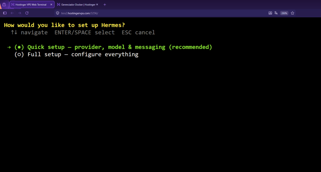 Terminal da hostinger mostrando as opções de configuração inicial do hermes agent. Destaque para a opção "quick setup" selecionada para facilitar a hermes agent instalação no hostinger vps, configurando provedor, modelo e mensagens de forma recomendada.