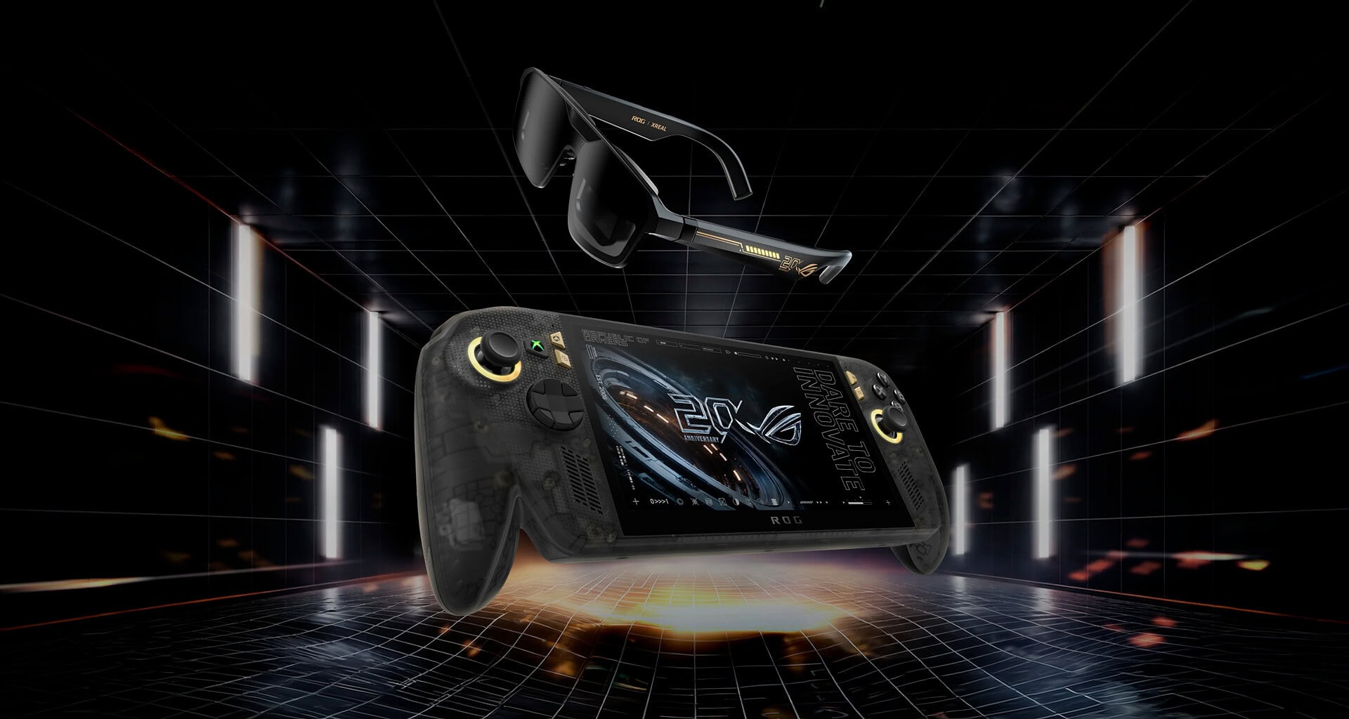 Rog xbox ally x20 e óculos rog xreal r1 edition 20 em imagem oficial de divulgação