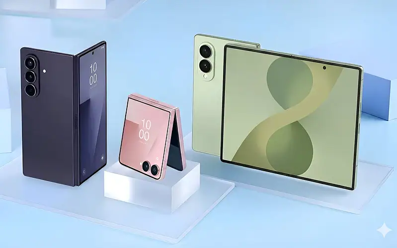 Imagem promocional da samsung mostra galaxy z fold8, galaxy z fold8 ultra e galaxy z flip8 no pré-registro do galaxy unpacked 2026