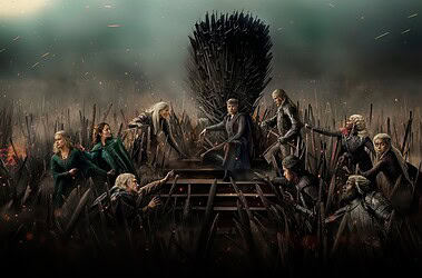 A casa do dragão 3ª temporada em arte promocional com personagens reunidos diante do trono de ferro