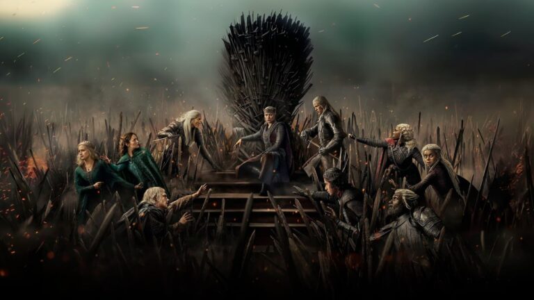 A casa do dragão 3ª temporada em arte promocional com personagens reunidos diante do trono de ferro