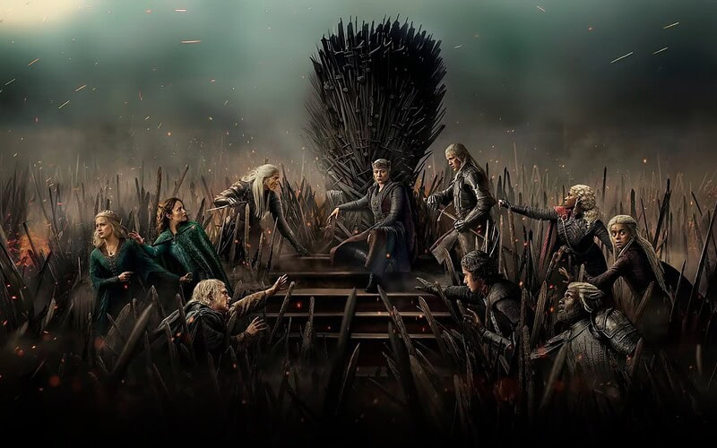 A casa do dragão 3ª temporada em arte promocional com personagens reunidos diante do trono de ferro