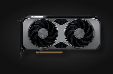 Placa de vídeo amd radeon de duas ventoinhas em fundo escuro