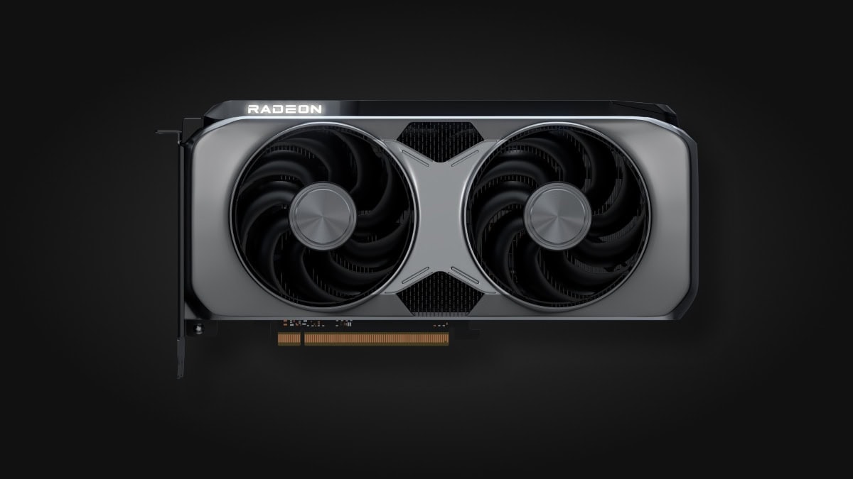 Placa de vídeo amd radeon de duas ventoinhas em fundo escuro
