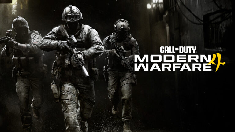 Soldados armados aparecem ao lado do logo de call of duty modern warfare 4