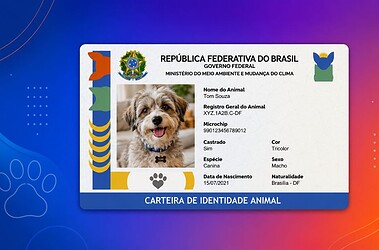 Carteira de identidade animal do sinpatinhas com foto de um cachorro e dados cadastrais exibida sobre fundo azul, roxo e laranja.