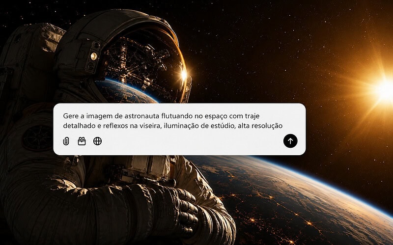 Fotografia cinematográfica de um astronauta no espaço com uma caixa de comando centralizada exibindo um texto de prompt sobre fundo com a curvatura da terra e o sol brilhando, excelente para ilustrar um artigo sobre prompts para gerar imagens.