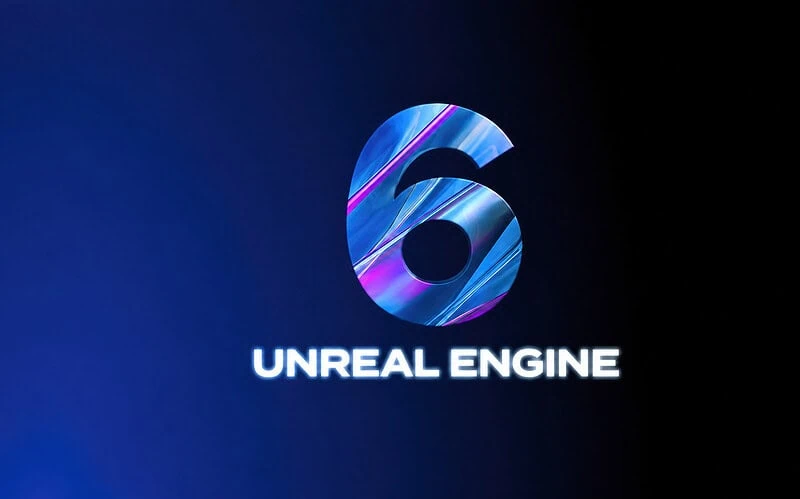 Logo da unreal engine 6 com número 6 estilizado em tons de azul e rosa sobre fundo escuro, nova versão do motor de jogos da epic games ia com integração de modelos claude e gemini para automatizar desenvolvimento