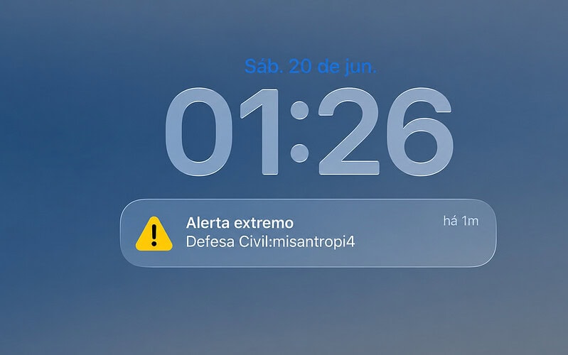 Imagem em 16:9 com a tela de um celular mostrando alerta extremo e o texto defesa civil:misantropi4.