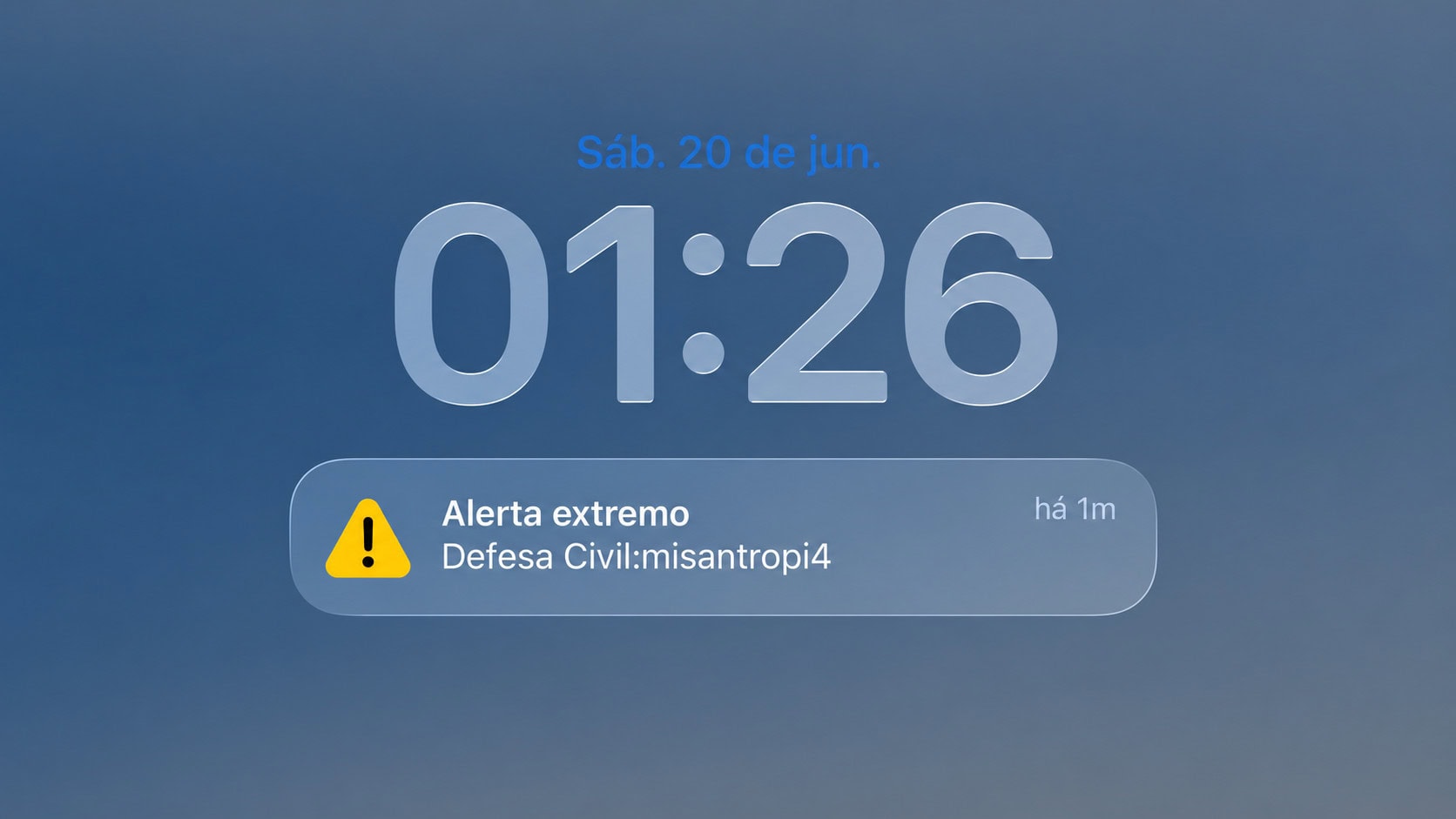 Imagem em 16:9 com a tela de um celular mostrando alerta extremo e o texto defesa civil:misantropi4.