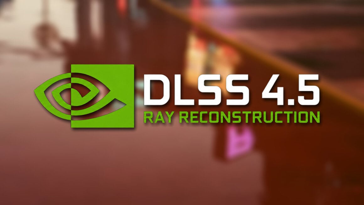 Logo oficial do dlss 4. 5 ray reconstruction da nvidia com fundo de gameplay, anunciando nova tecnologia de ray tracing apresentada na nvidia computex 2026 para placas geforce rtx
