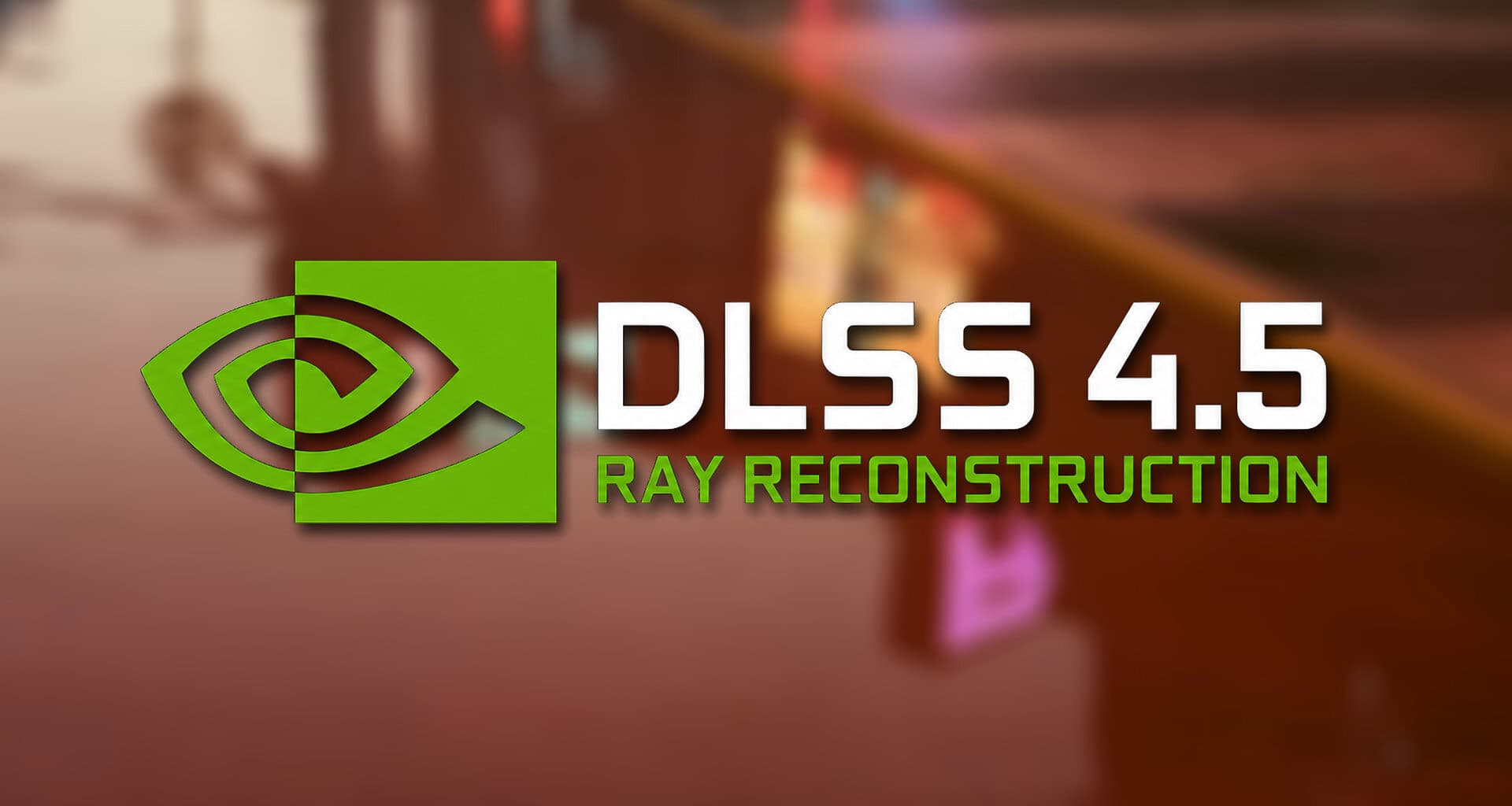 Logo oficial do dlss 4. 5 ray reconstruction da nvidia com fundo de gameplay, anunciando nova tecnologia de ray tracing apresentada na nvidia computex 2026 para placas geforce rtx