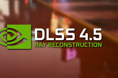 Logo resmi rekonstruksi sinar DLSS 4.5 Nvidia dengan latar belakang permainan, mengumumkan teknologi ray tracing baru yang dipresentasikan di Nvidia Computex 2026 untuk kartu grafis GeForce RTX.