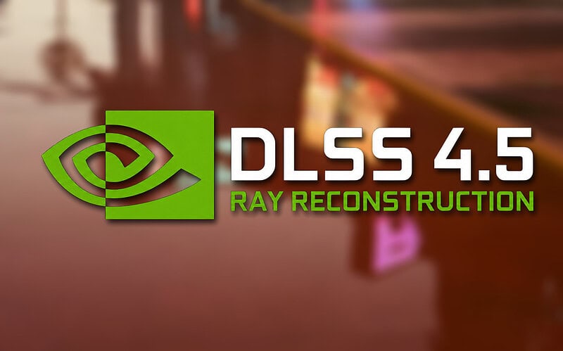 Logo oficial do dlss 4. 5 ray reconstruction da nvidia com fundo de gameplay, anunciando nova tecnologia de ray tracing apresentada na nvidia computex 2026 para placas geforce rtx
